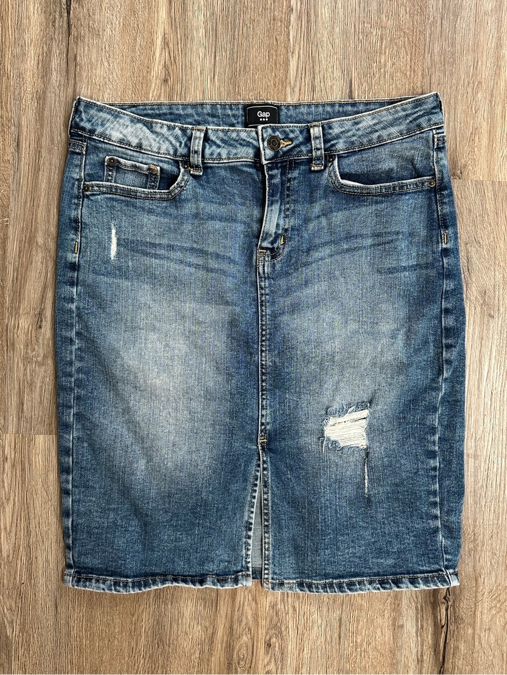 GAP Light Blue Denim Pencil Skirt with Distress Detail